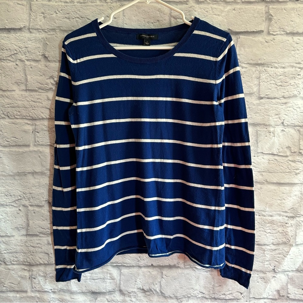 PREOWNED BANANA REPUBLIC BLUE STRIPED SWEATER ELBOW PATCH ACCENTS SMALL S
